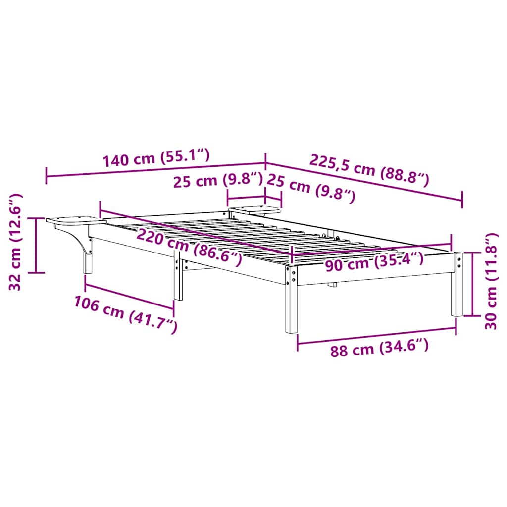 Bedframe met Zijtafels Wasbruin 90 x 220 cm Massief grenenhout