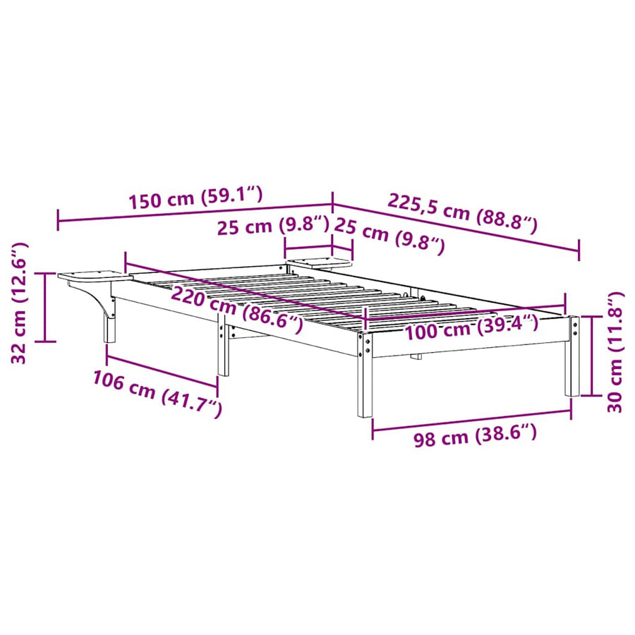 Bedframe met Zijtafels Wit 100 x 220 cm Massief grenenhout