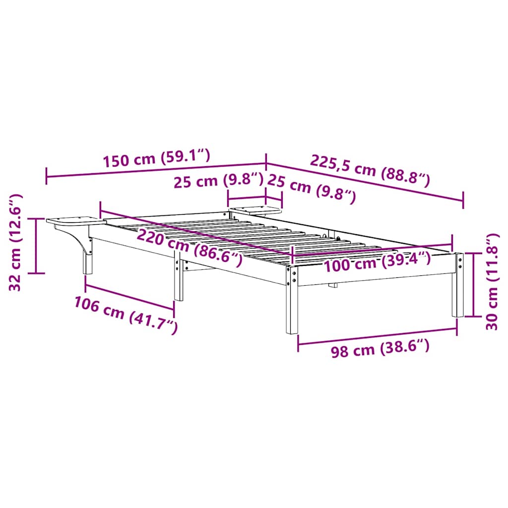 Bedframe met Zijtafels Wasbruin 100 x 220 cm Massief grenenhout
