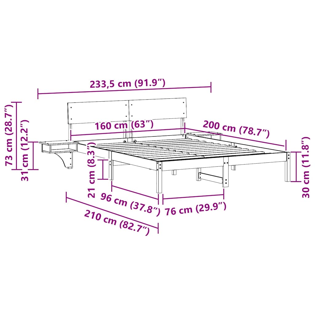 Bedframe met nachttafels Wit 160 x 200 cm Massief grenenhout