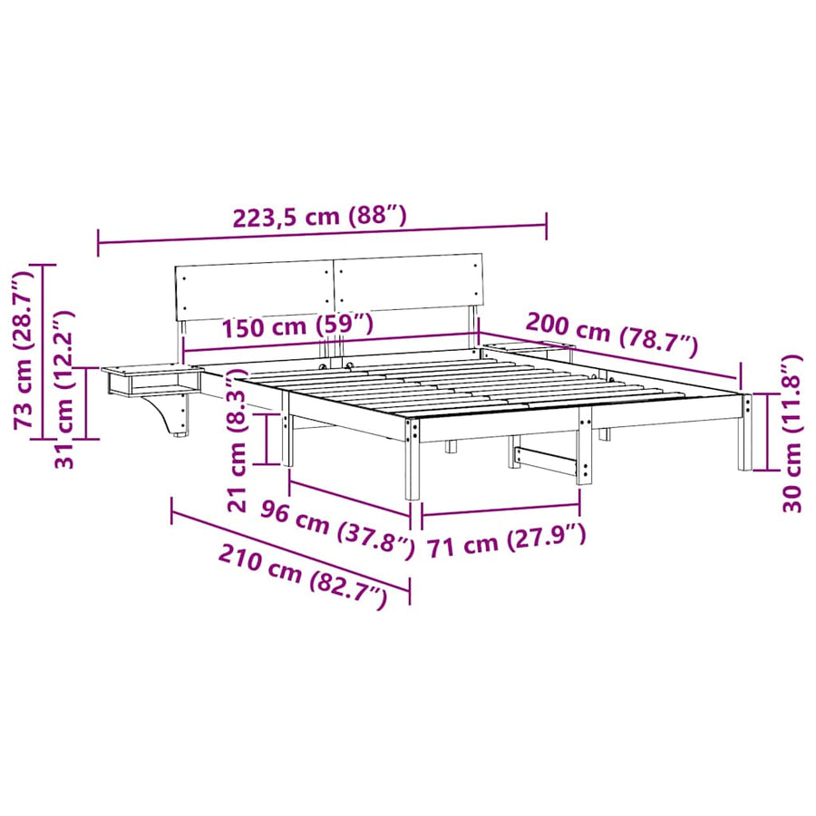 Bedframe met nachttafels Wit 150 x 200 cm Massief grenenhout