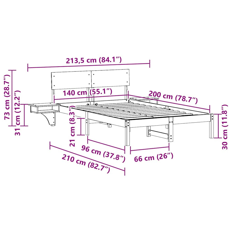 Bedframe met nachttafels Wit 140 x 200 cm Massief grenenhout
