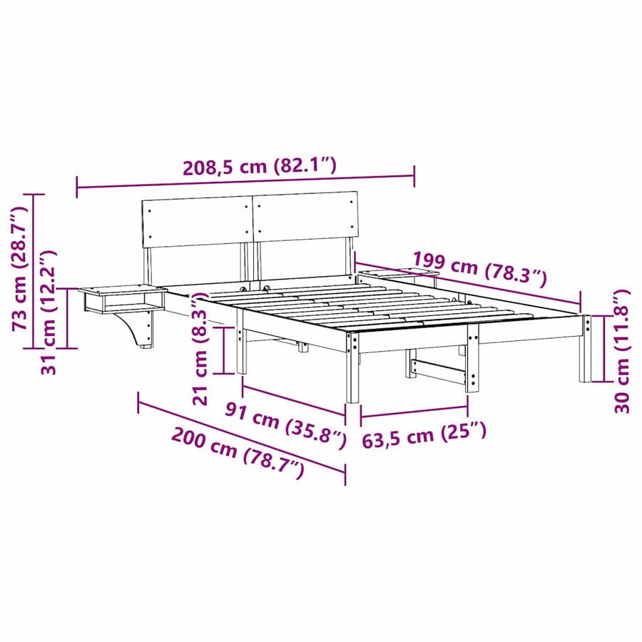 Bedframe met nachttafels Bruin 135 x 190 cm Massief grenenhout