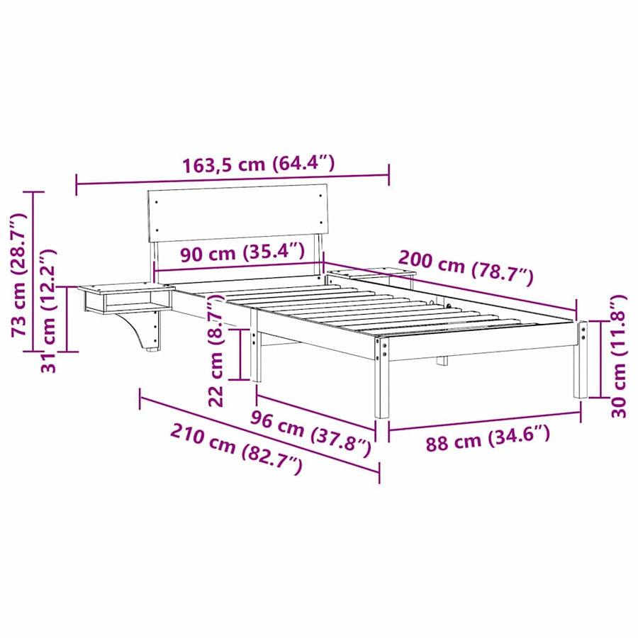 Bedframe met nachttafels Bruin 90 x 200 cm Massief grenenhout