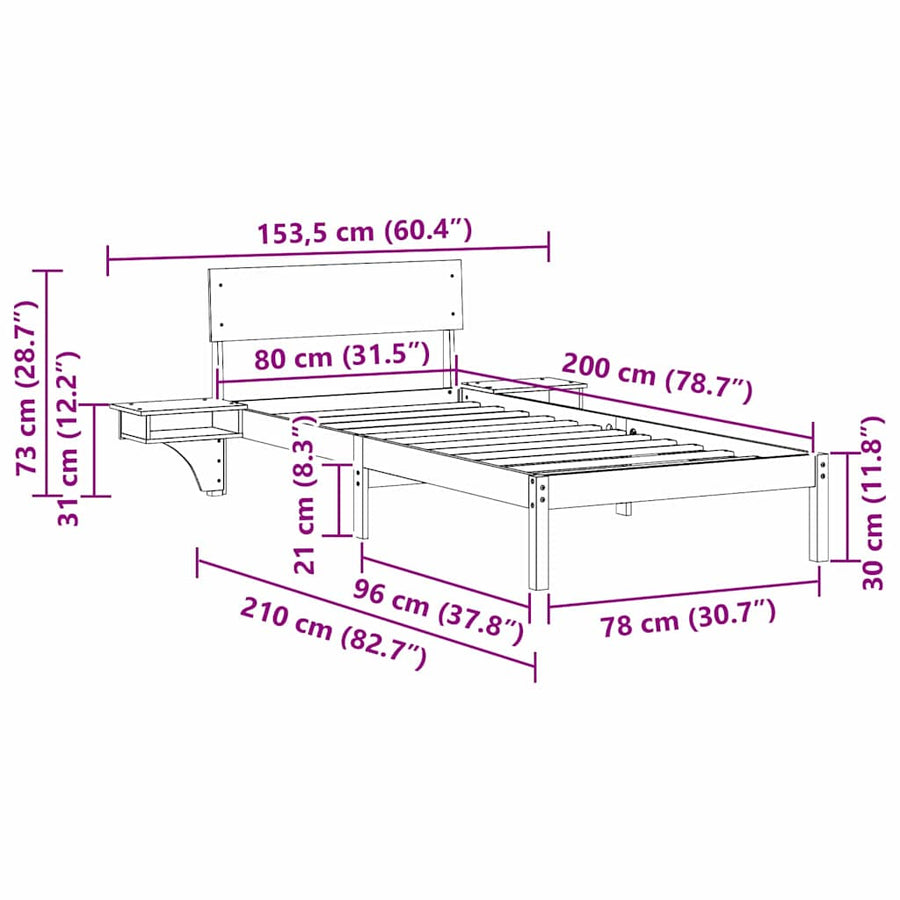 Bedframe met nachttafels Wit 80 x 200 cm Massief grenenhout