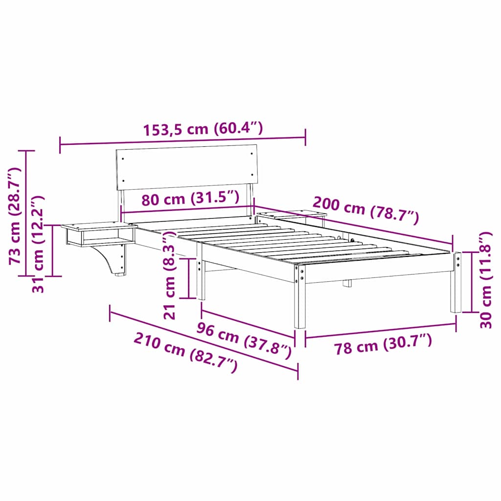 Bedframe met nachttafels met hoofdeinde Wasbruin 80 x 200 cm
