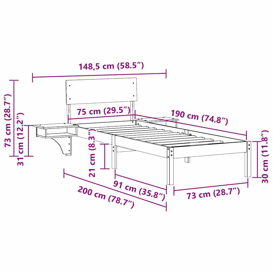 Bedframe met nachttafels Wit 75 x 190 cm Massief grenenhout