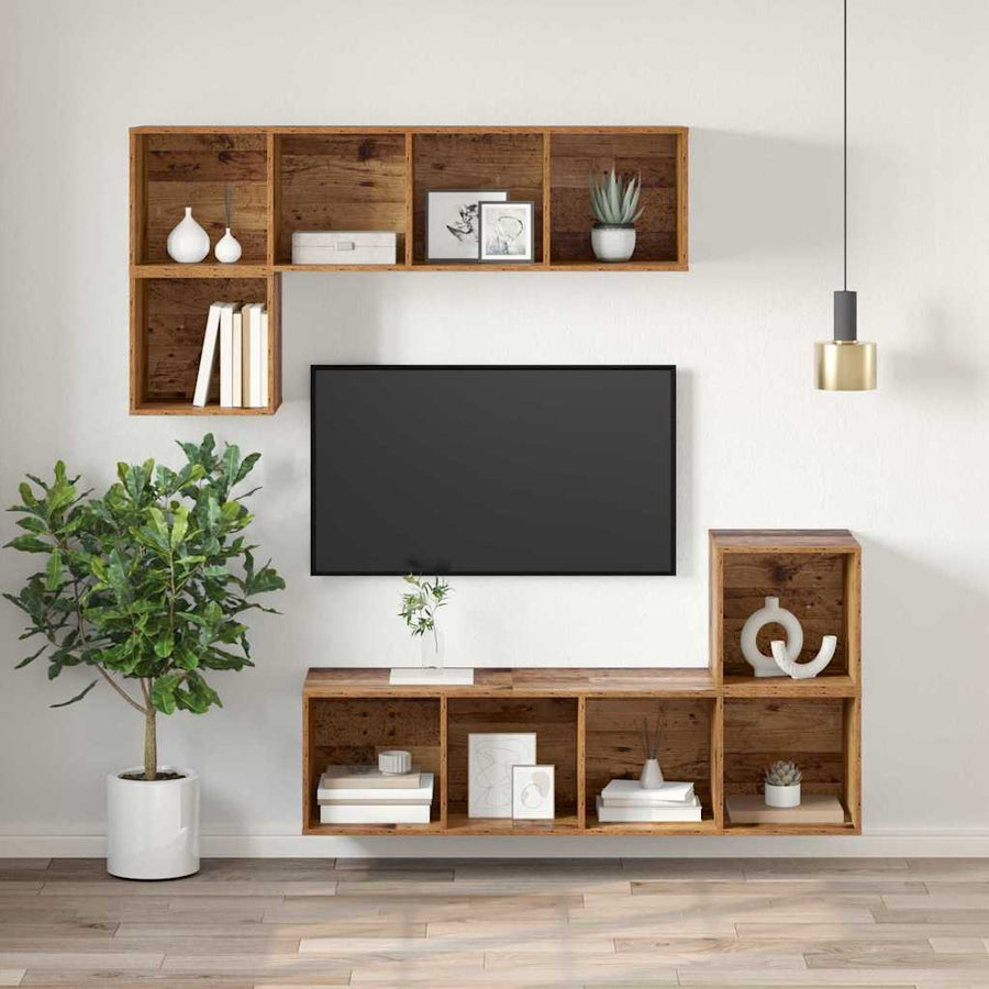 TV-kast met plank Wandgemonteerd met opslag Oud hout 37 x 37 x 107 cm Bewerkt hout