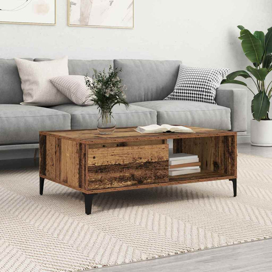Salontafel met plank met opslag met de deur Oud hout 90 x 60 x 35 cm Bewerkt hout