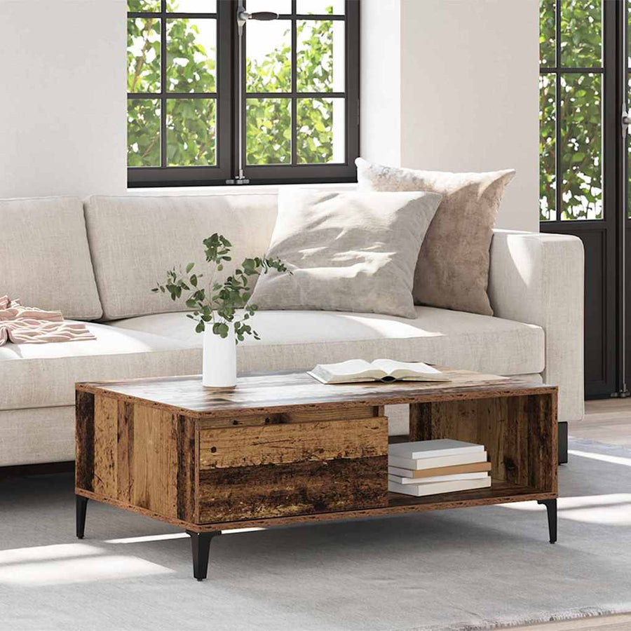 Salontafel met plank met opslag met de deur Oud hout 90 x 60 x 35 cm Bewerkt hout