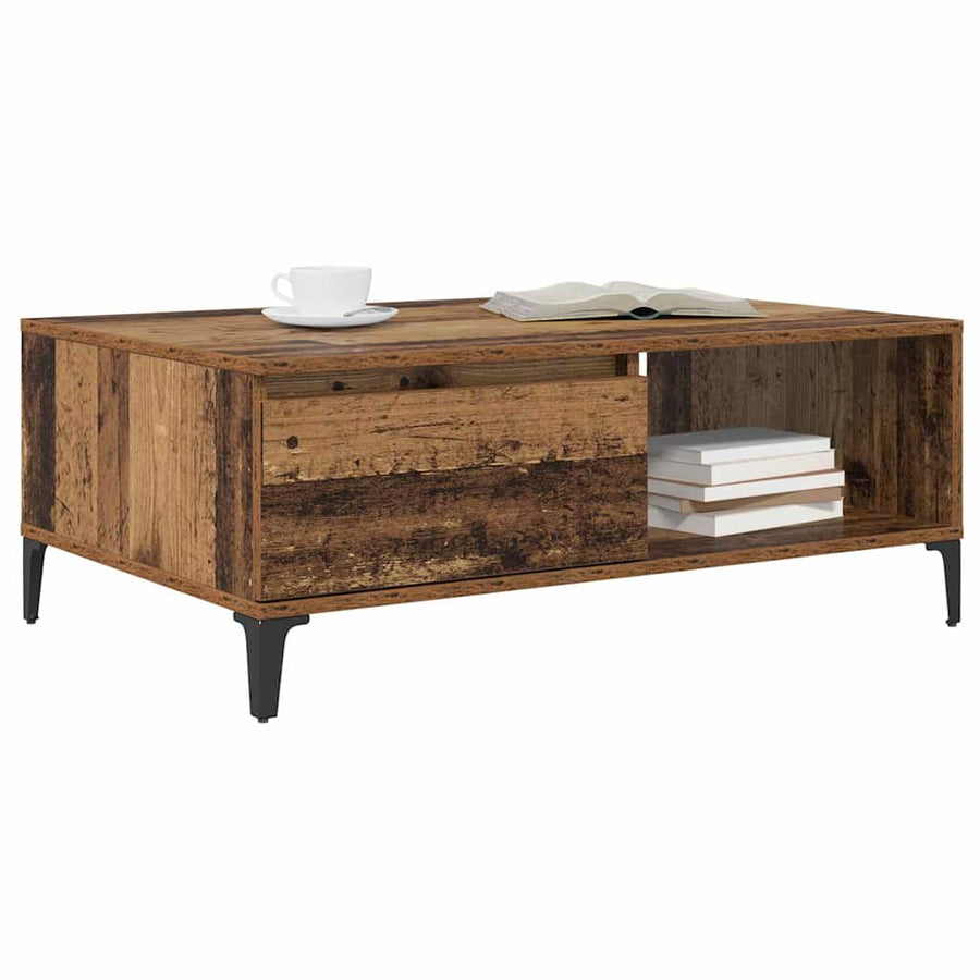 Salontafel met plank met opslag met de deur Oud hout 90 x 60 x 35 cm Bewerkt hout
