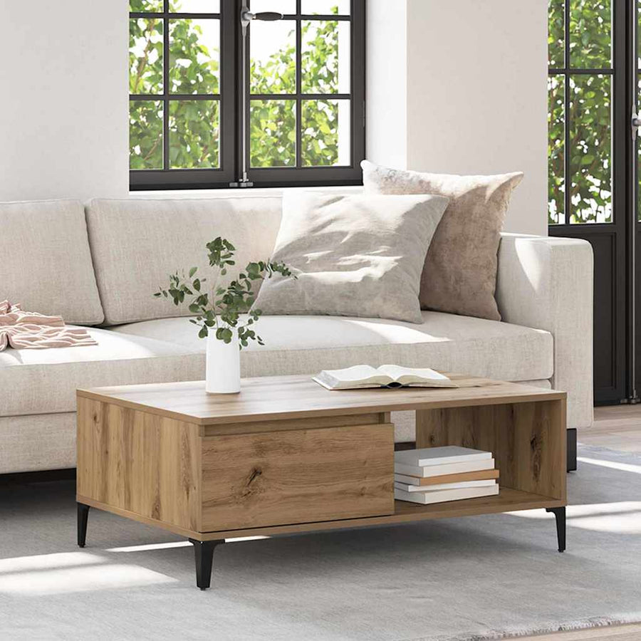 Salontafel artisanaal eikenkleurig 90 x 60 x 35 cm Bewerkt hout