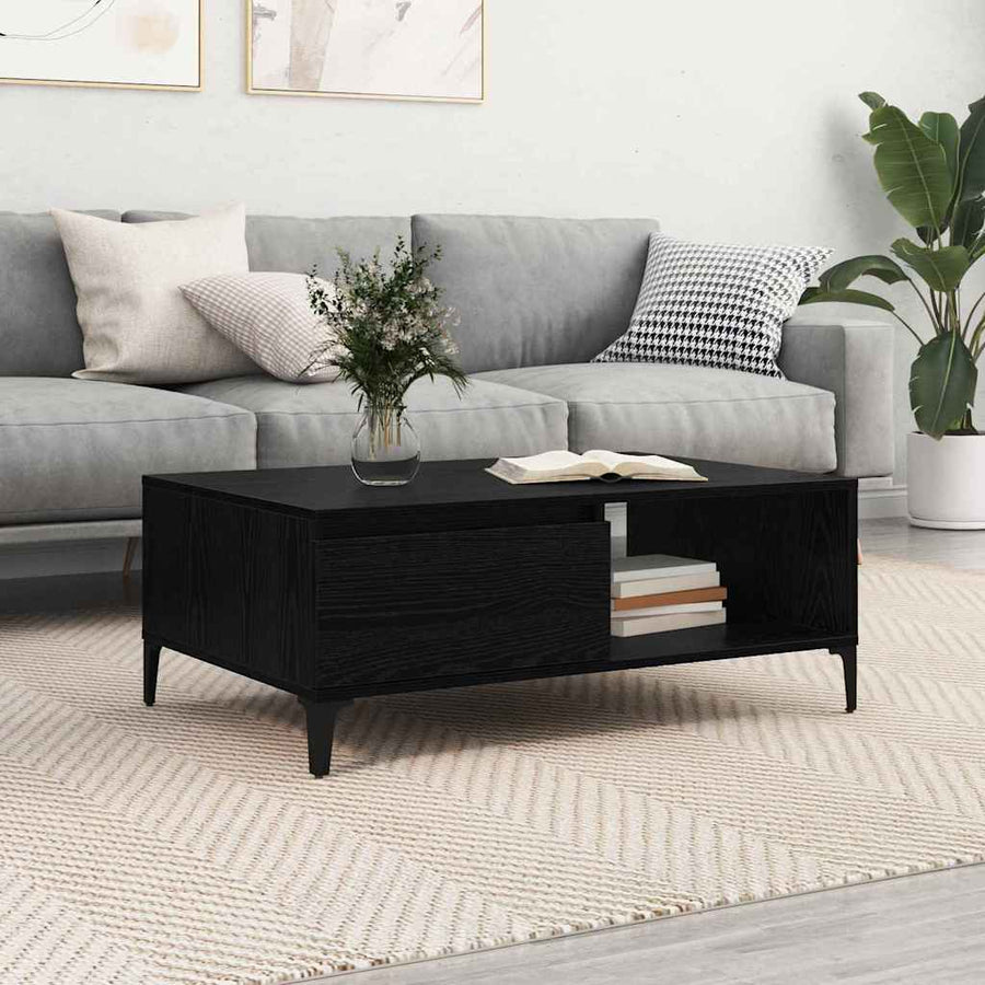 Salontafel met plank met opslag met de deur Zwart eiken 90 x 60 x 35 cm Bewerkt hout