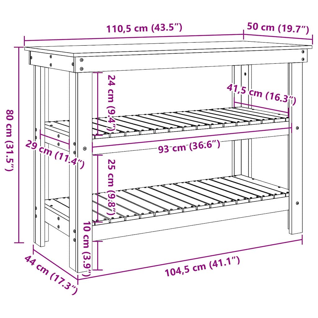 Werkbank Wasbruin 110.5 x 50 x 80 cm Massief grenenhout