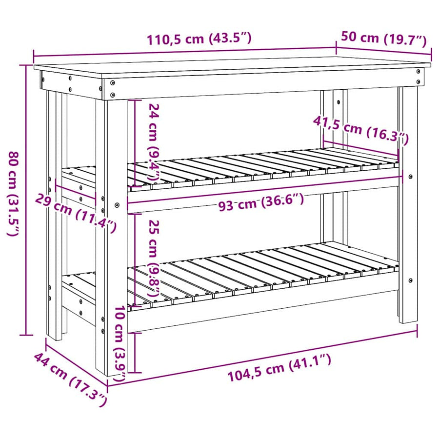 Werkbank Wasbruin 110.5 x 50 x 80 cm Massief grenenhout