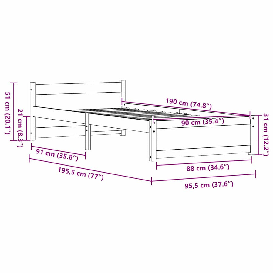 Bedframe met hoofdeinde Wasbruin 90 x 190 cm Massief grenenhout