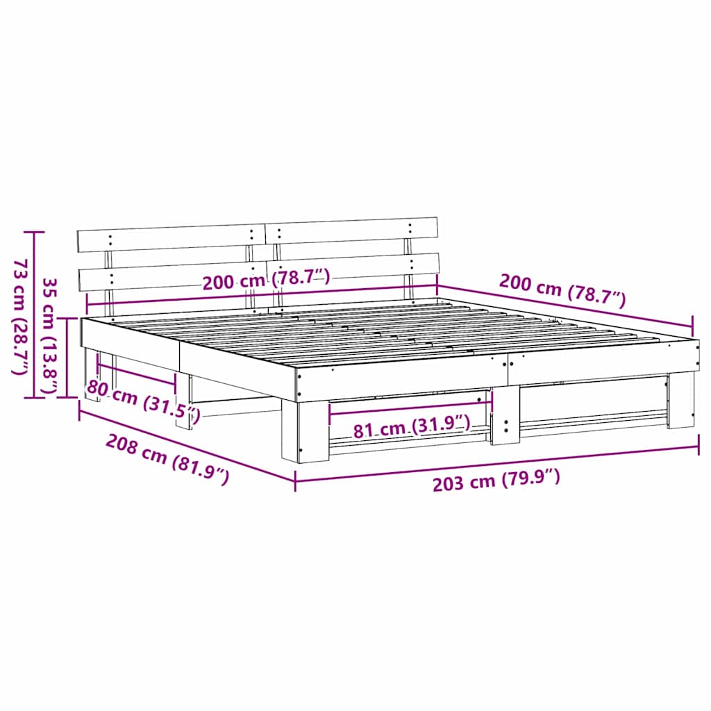 Bedframe met hoofdeinde Bruin 200 x 200 cm Massief grenenhout