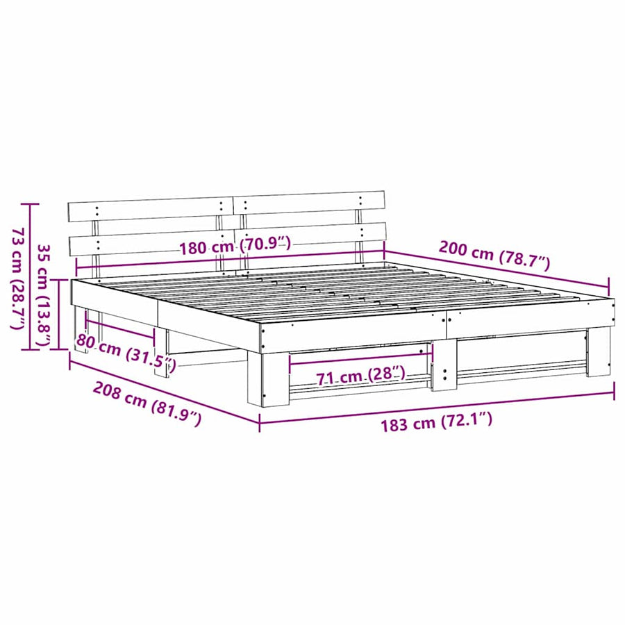 Bedframe met hoofdeinde Bruin 180 x 200 cm Massief grenenhout