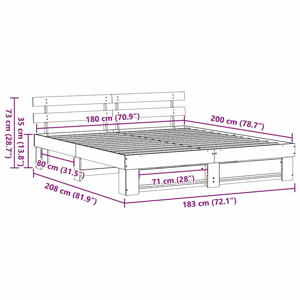 Bedframe met hoofdeinde Bruin 180 x 200 cm Massief grenenhout