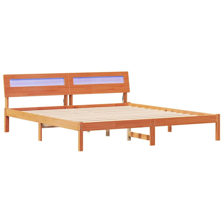 Bedframe met LED -striplichten met hoofdeinde Bruin 200 x 200 cm Massief hout