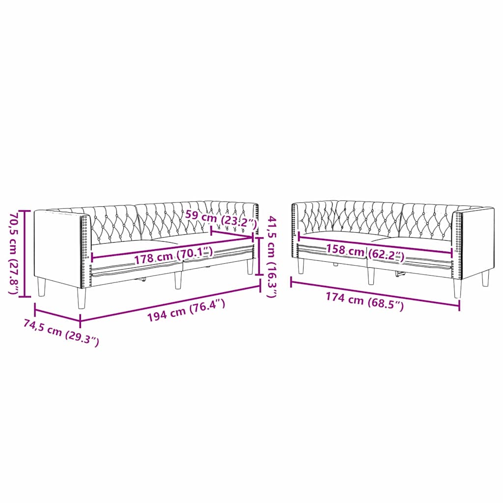 Woonkamer Bank 2 pcs Zwart 194 x 74,5 x 70,5 cm Nep Leer