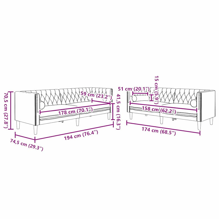 Bankstel 2 pcs Donkergrijs Fluweel