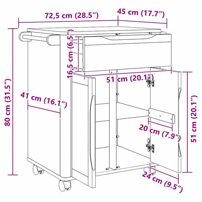 Keuken Trolley Wasbruin 72,5 x 45 x 80 cm Massief Vurenhout