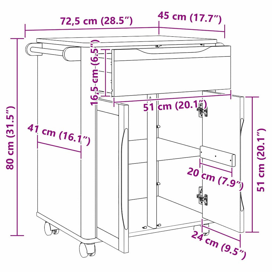 Keuken Trolley Wit 72,5 x 45 x 80 cm Massief Vurenhout