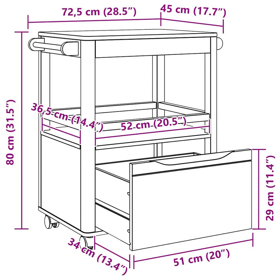 Keuken Trolley FLORO Wasbruin 72,5 x 45 x 80 cm