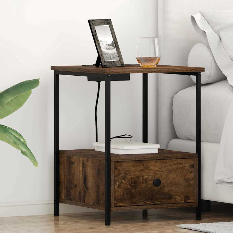 Nachtkastje met Oplaadstation 2 pcs Gerookt eiken Bewerkt hout