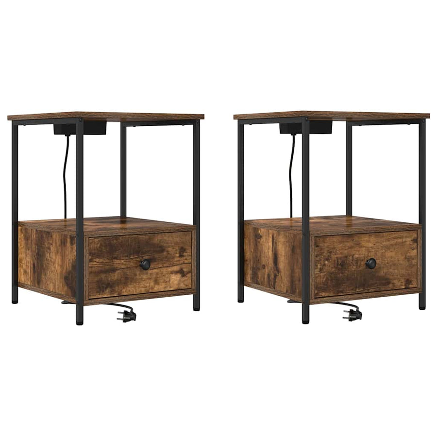 Nachtkastje met Oplaadstation 2 pcs Gerookt eiken Bewerkt hout