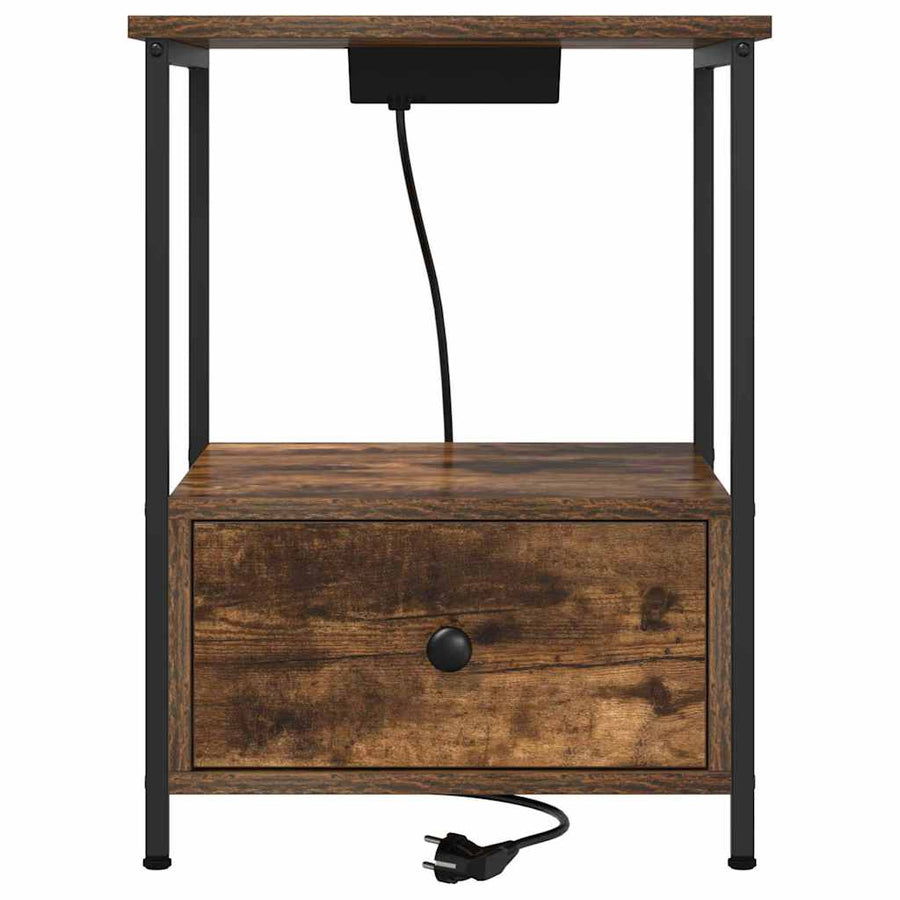 Nachtkastje met Oplaadstation 2 pcs Gerookt eiken Bewerkt hout