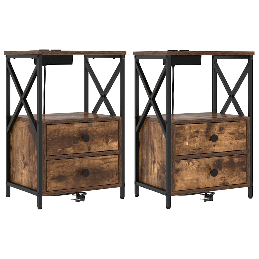 Nachtkastje met Oplaadstation 2 pcs Gerookt eiken Bewerkt hout