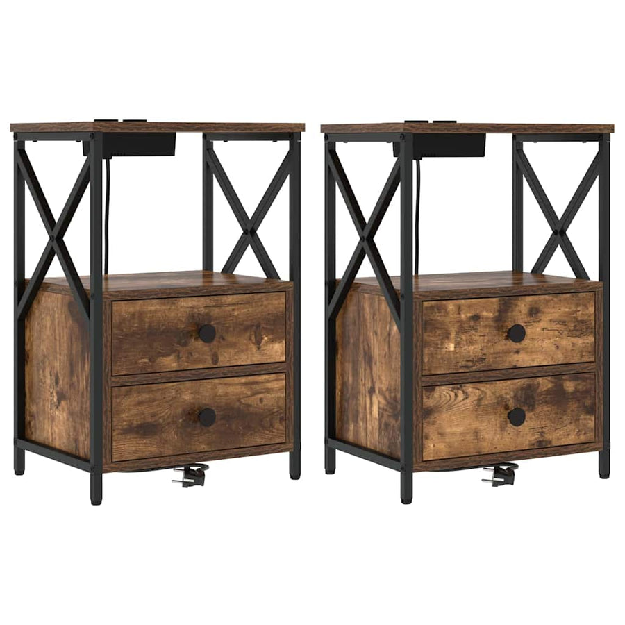 Nachtkastje met Oplaadstation 2 pcs Gerookt eiken Bewerkt hout