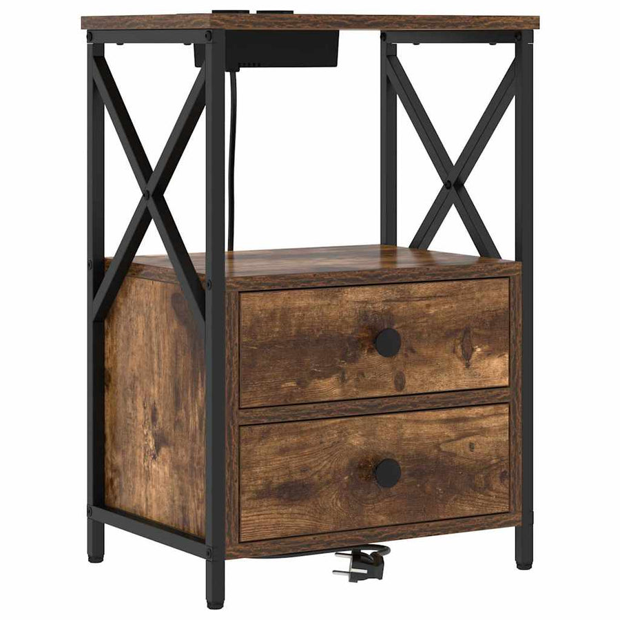 Nachtkastje met Oplaadstation 2 pcs Gerookt eiken Bewerkt hout