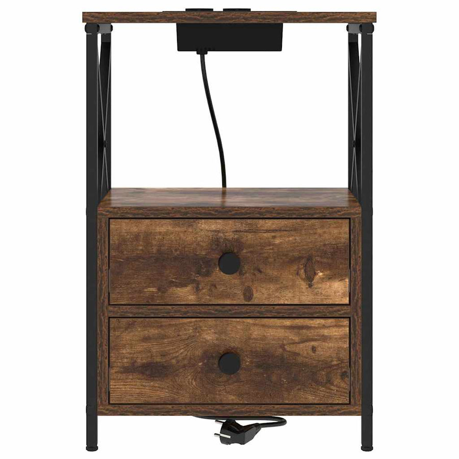 Nachtkastje met Oplaadstation 2 pcs Gerookt eiken Bewerkt hout