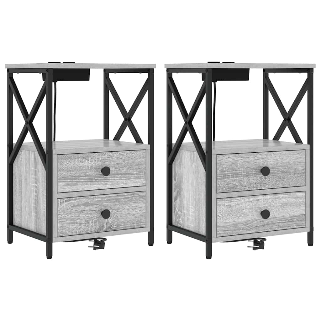 Nachtkastje met Oplaadstation 2 pcs Grijs sonoma Bewerkt hout