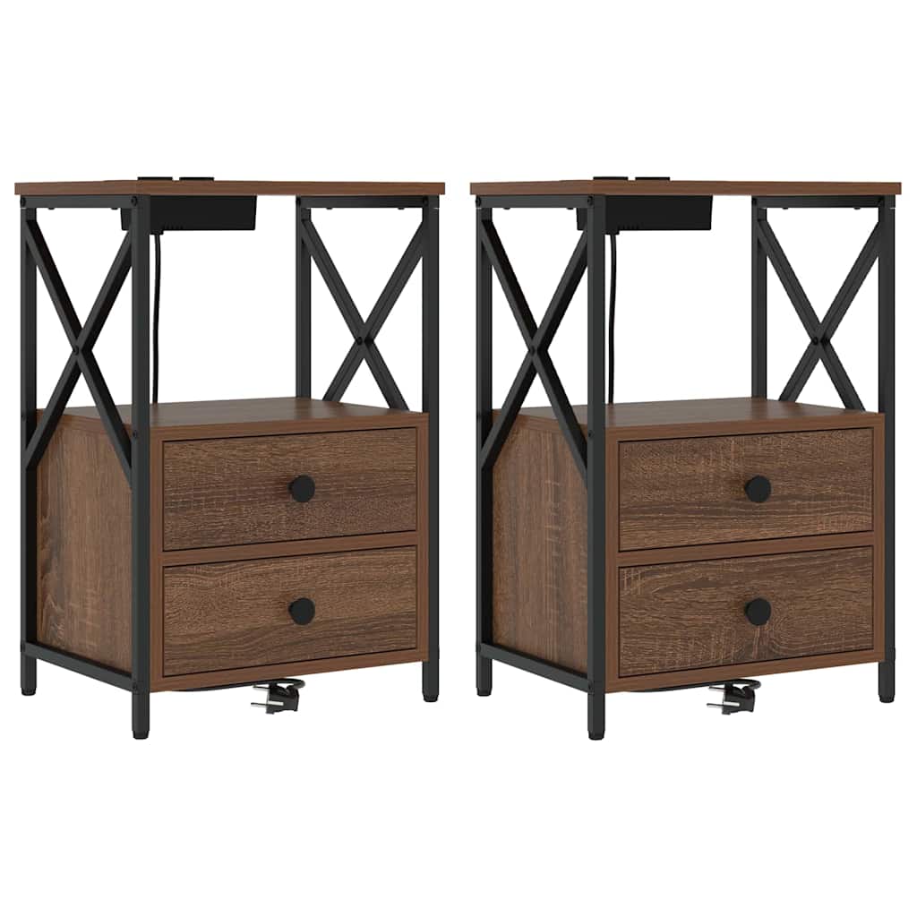 Nachtkastje met Oplaadstation met lade 2 pcs bruin eikenkleur