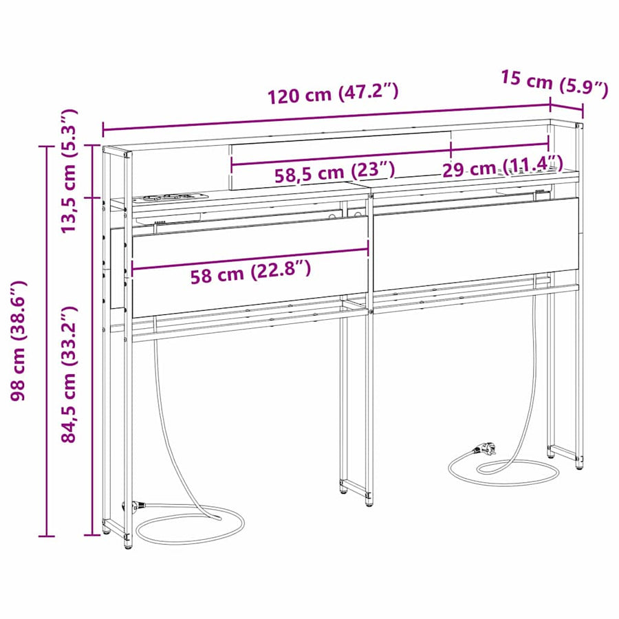 Opberghoofdbord met hoofdeinde met opslag Zwart eiken 120 cm Bewerkt hout