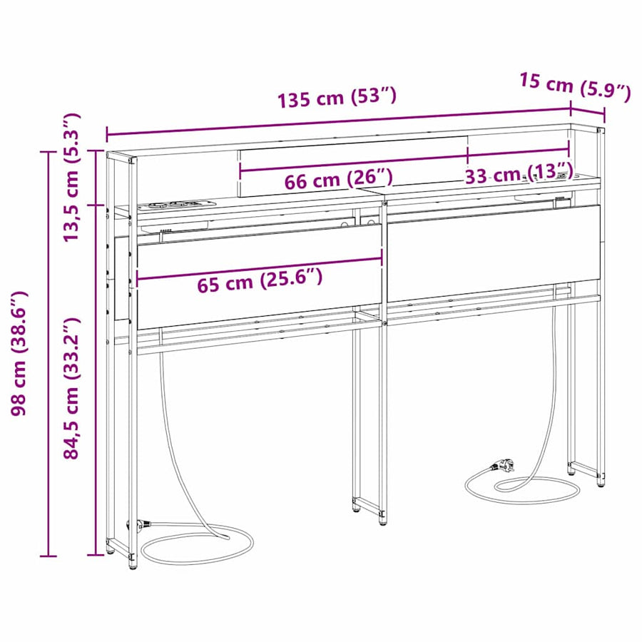 Opberghoofdbord met hoofdeinde met opslag Grijs sonoma 135 cm Bewerkt hout