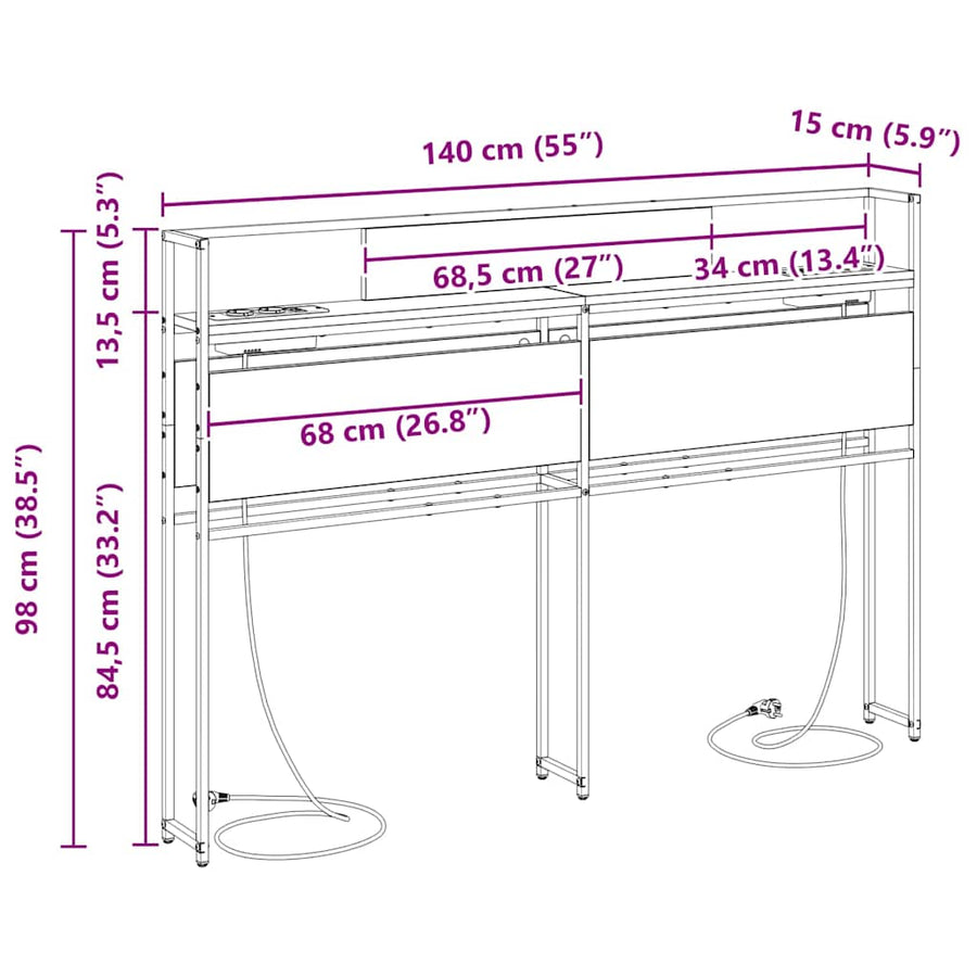 Opberghoofdbord Gerookt eiken 140 cm Bewerkt hout
