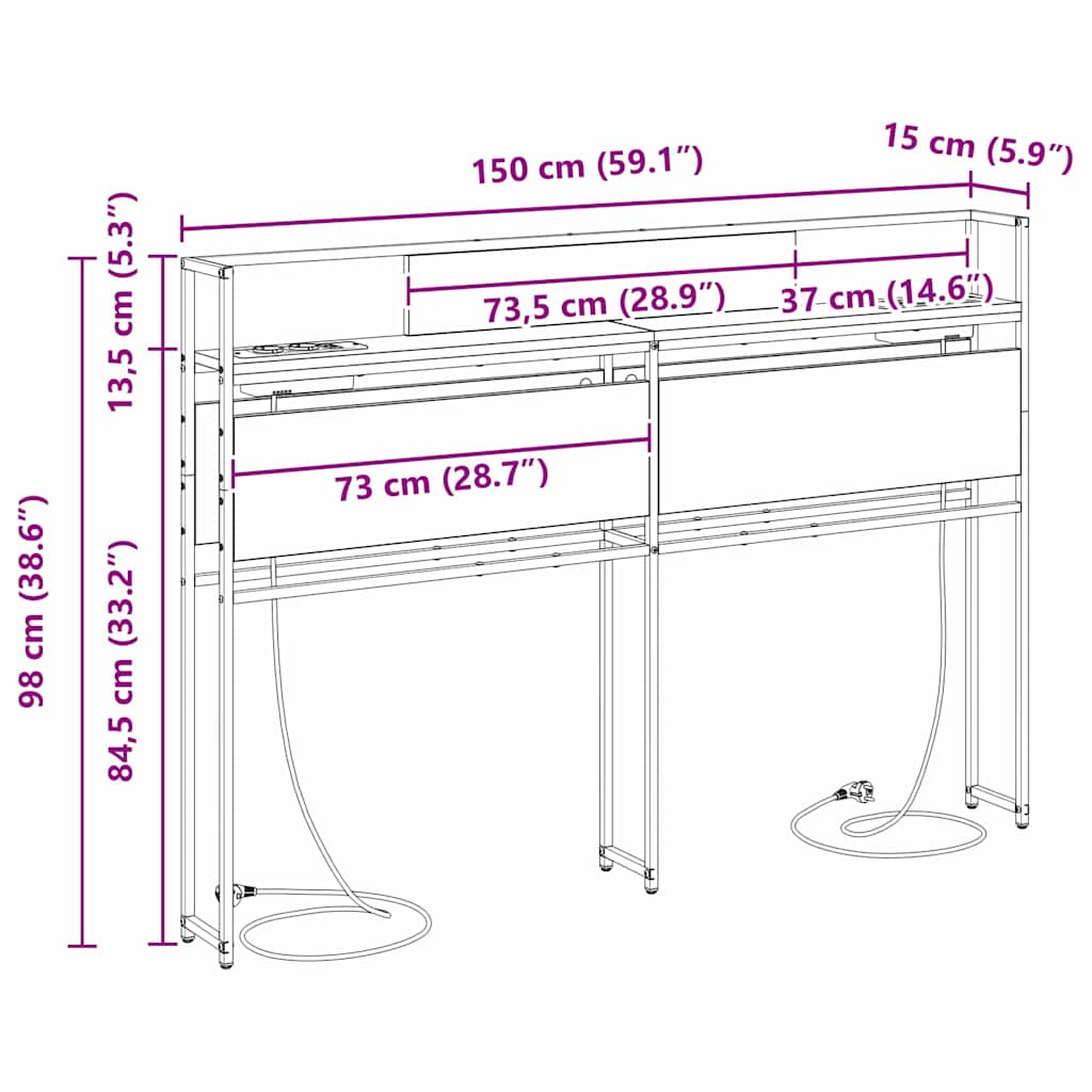 Opberghoofdbord met hoofdeinde met opslag Grijs sonoma 150 cm Bewerkt hout