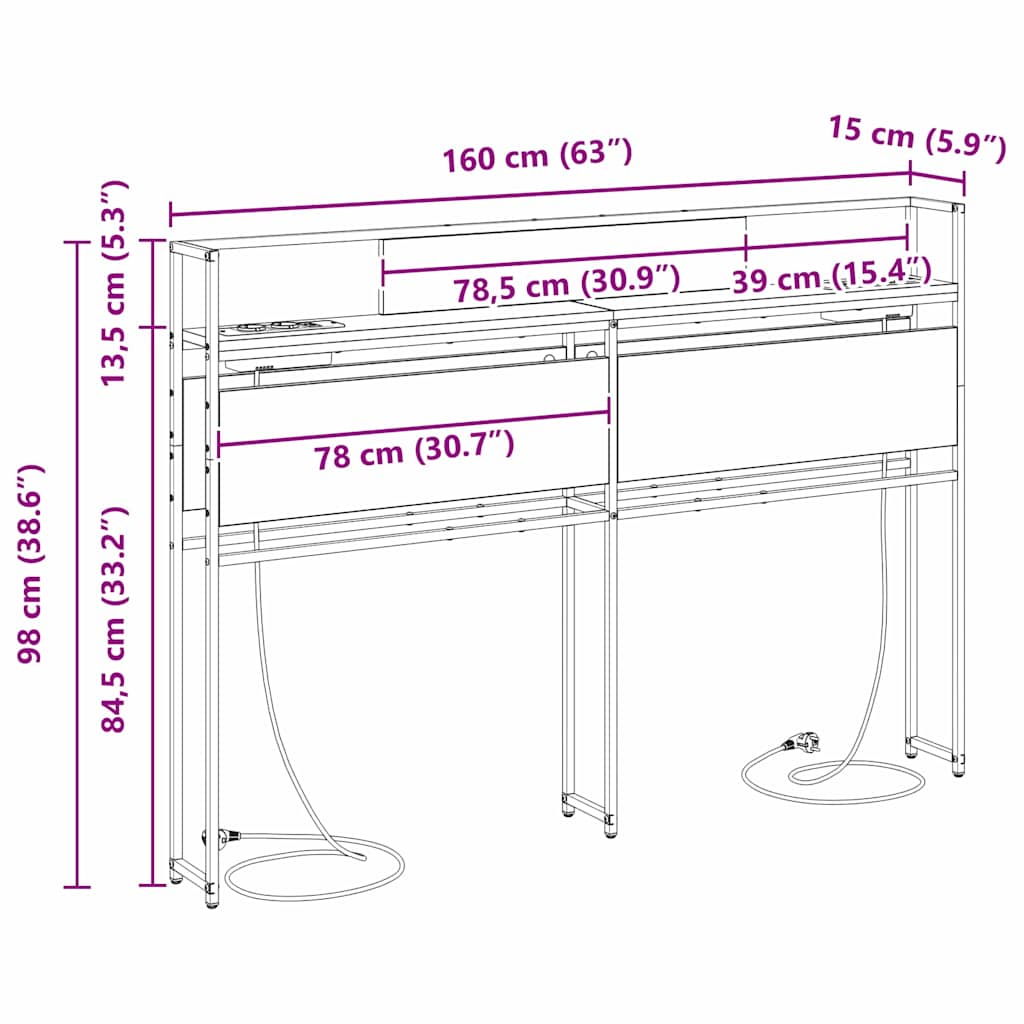 Opberghoofdbord met hoofdeinde met opslag Grijs sonoma 160 cm Bewerkt hout