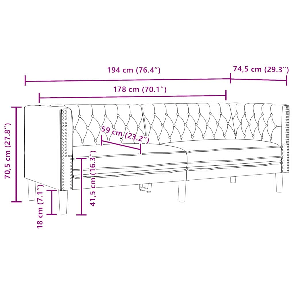 Chesterfieldbank Geruit Zwart 194 x 74.5 x 70.5 cm Kunstleer