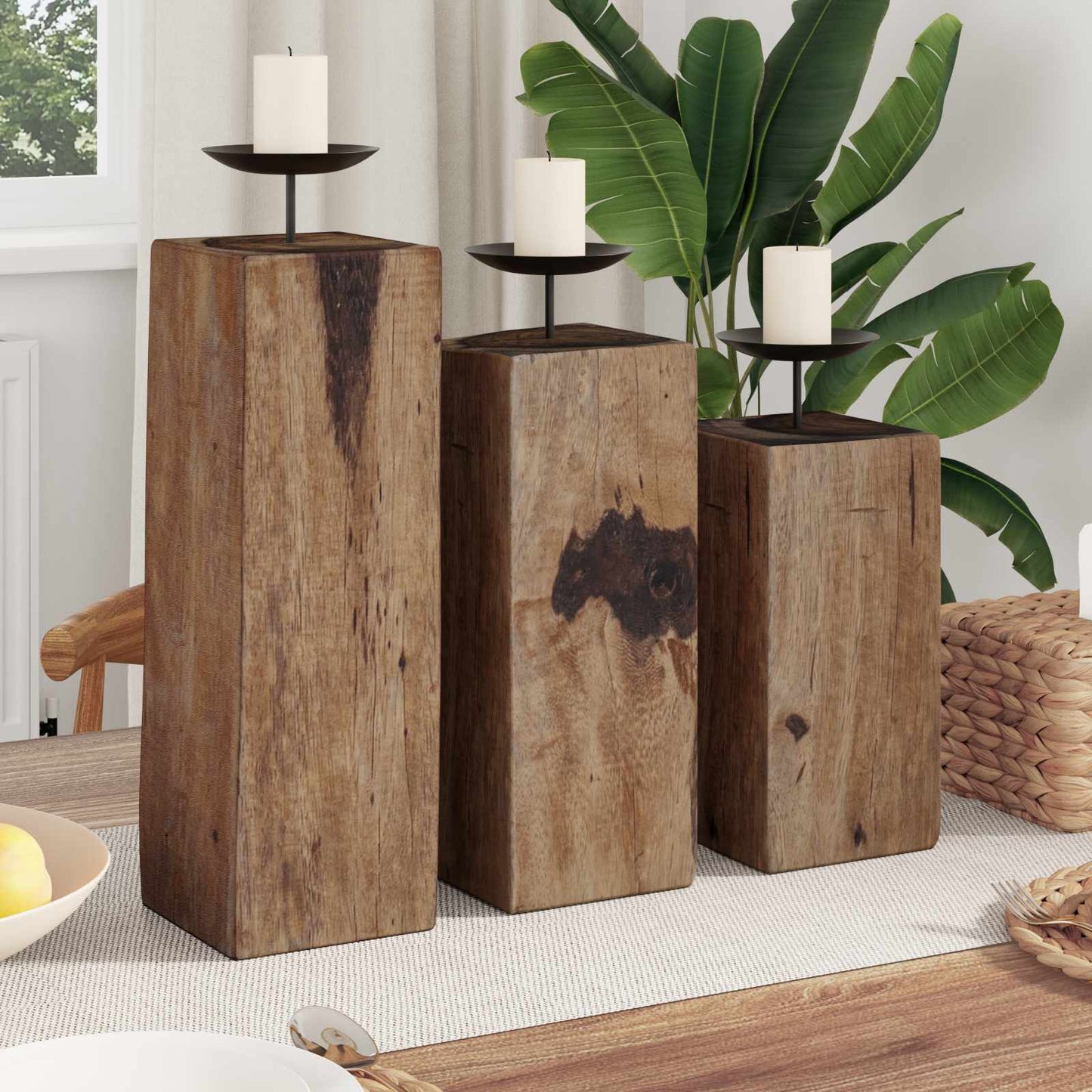 Kaarsenhouder 3 pcs Naturel Massief gerecycled hout