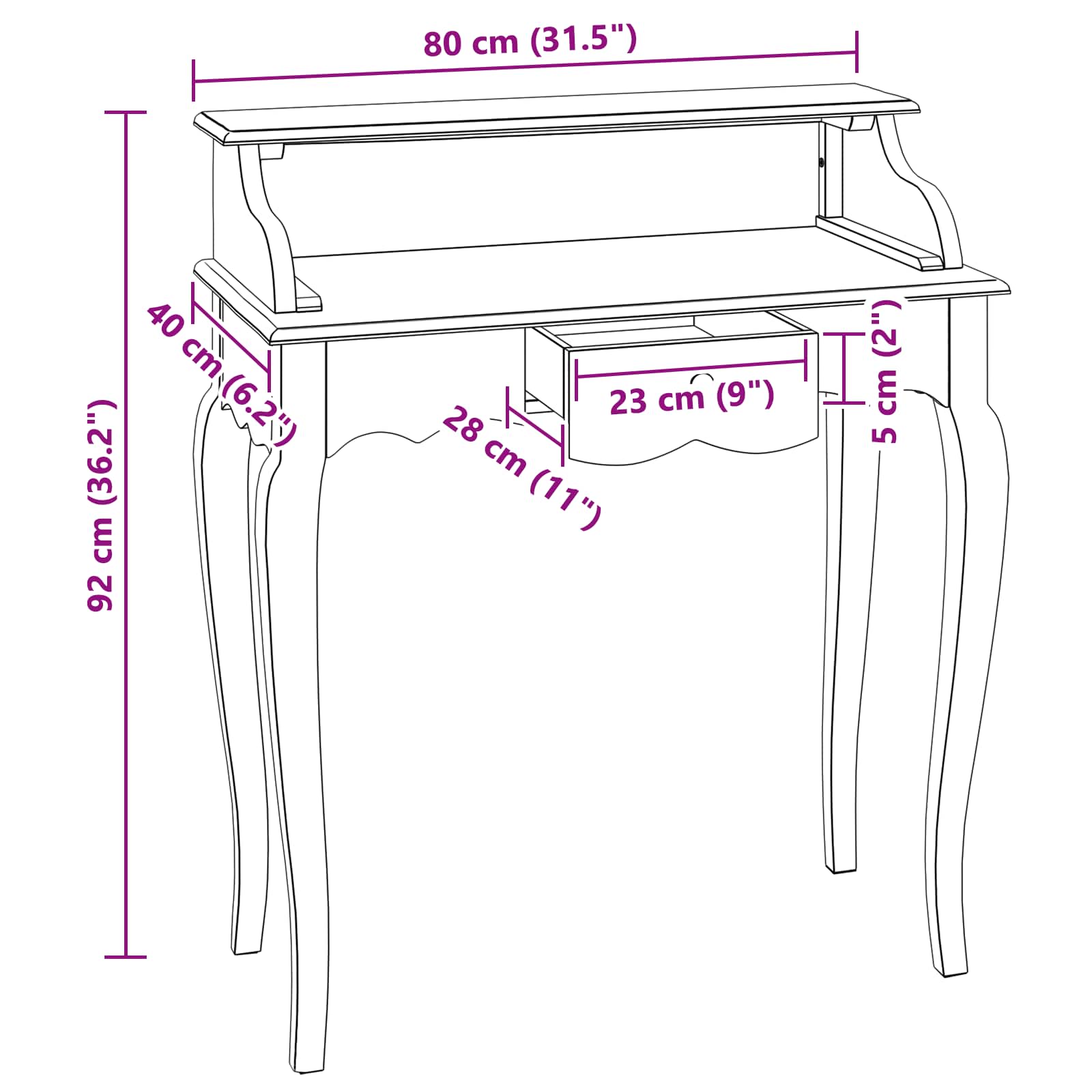 Bureau met lade Wit 80 x 40 x 92 cm Massief Mahoniehout