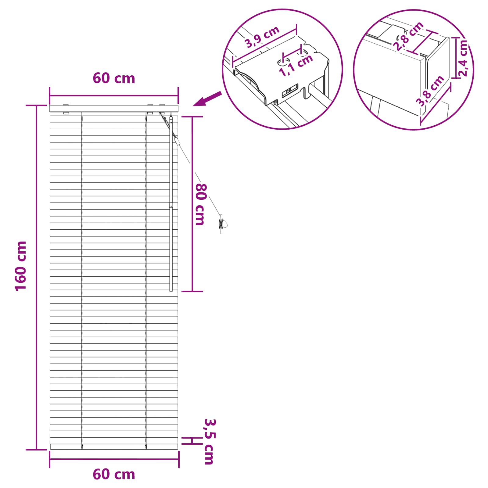Jaloezie Wit 60 x 160 cm 35 mm Massief Paulowniahout