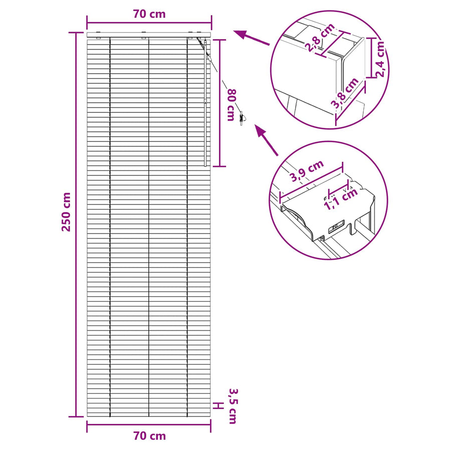 Jaloezie Wit 70 x 250 cm 35 mm Massief Paulowniahout