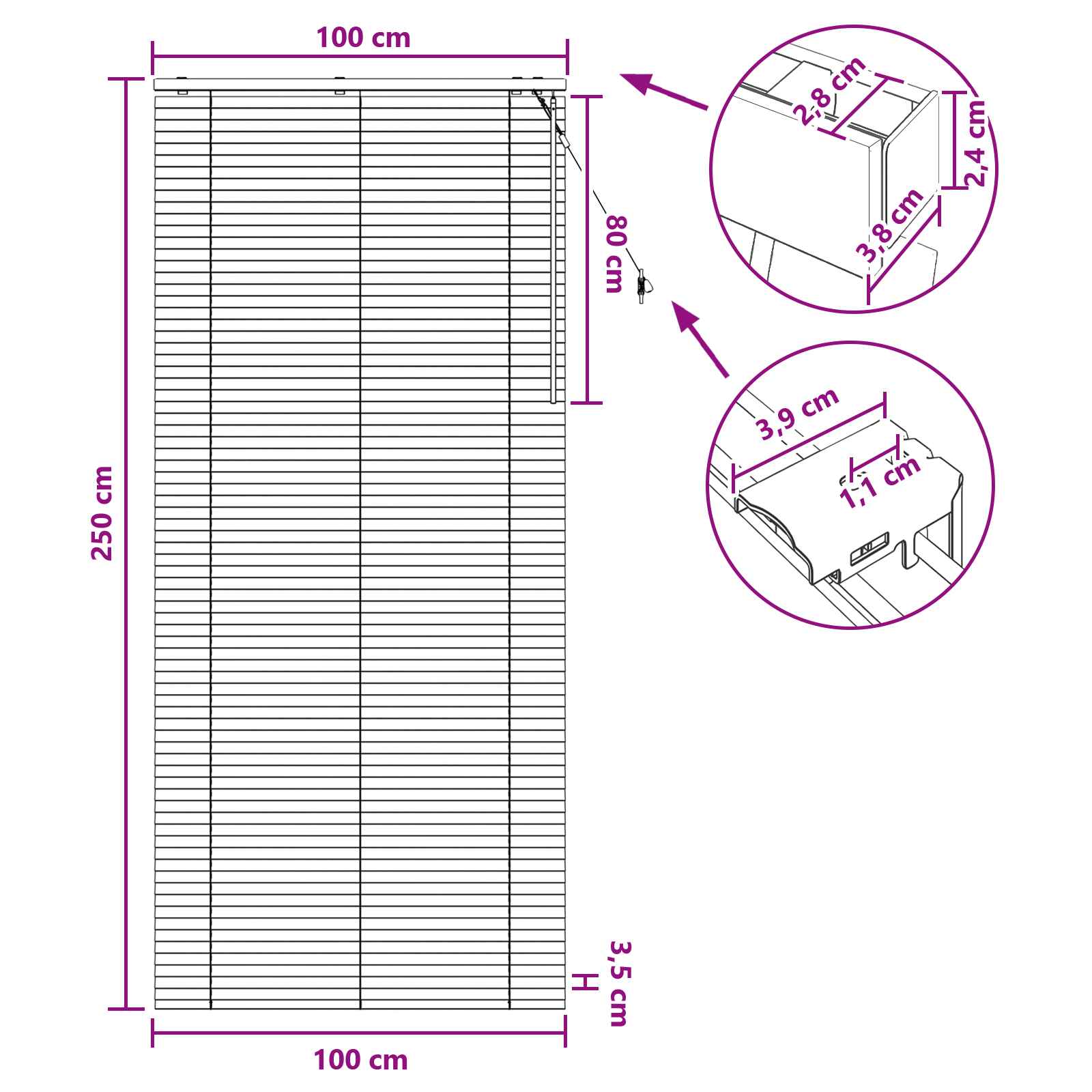 Jaloezie Wit 100 x 250 cm 35 mm Massief Paulowniahout