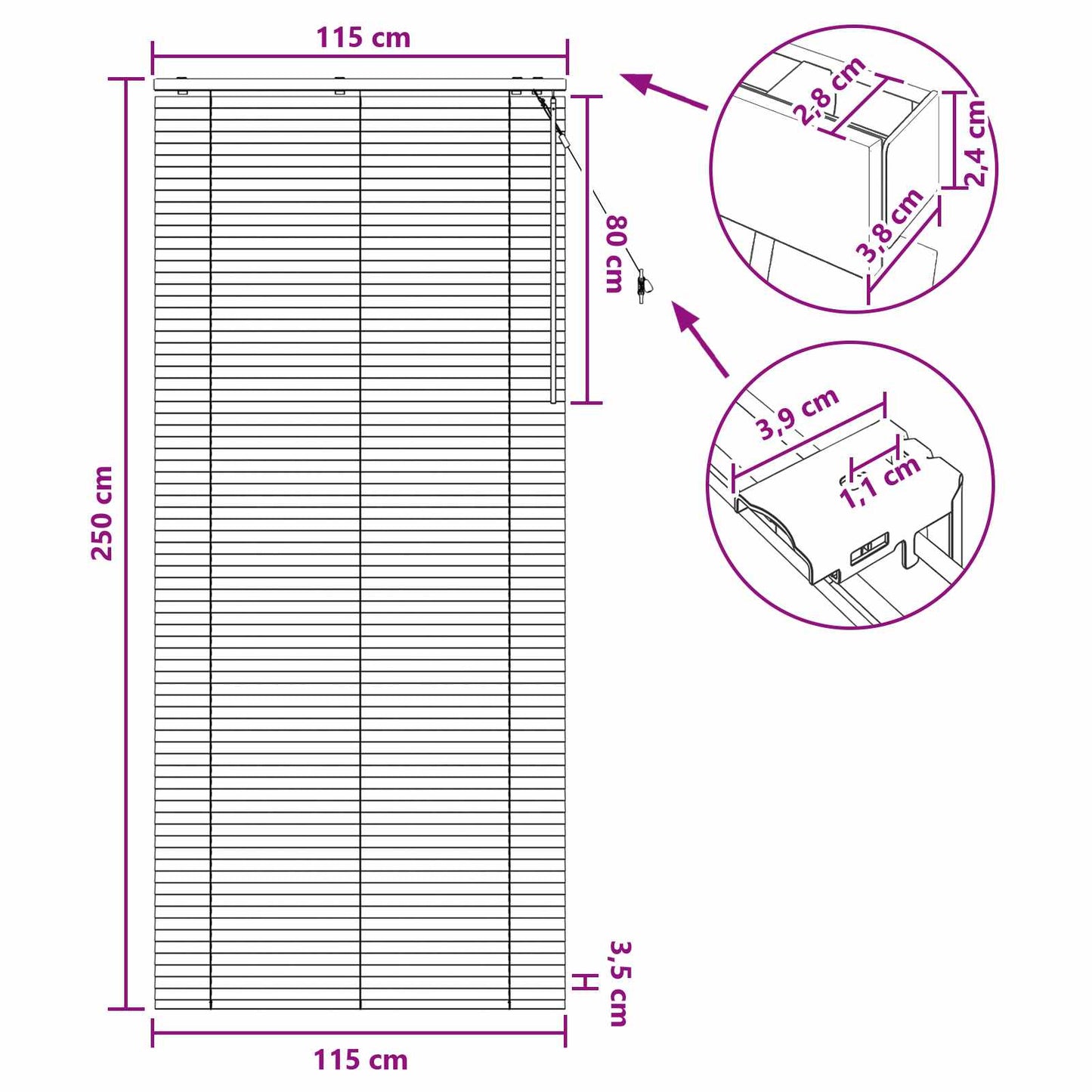 Jaloezie Wit 115 x 250 cm 35 mm Massief Paulowniahout